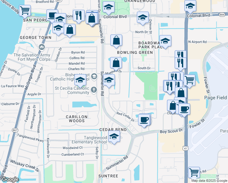 map of restaurants, bars, coffee shops, grocery stores, and more near 35 Barkley Circle in Fort Myers