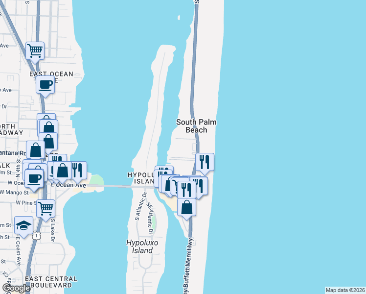 map of restaurants, bars, coffee shops, grocery stores, and more near 3605 South Ocean Boulevard in South Palm Beach