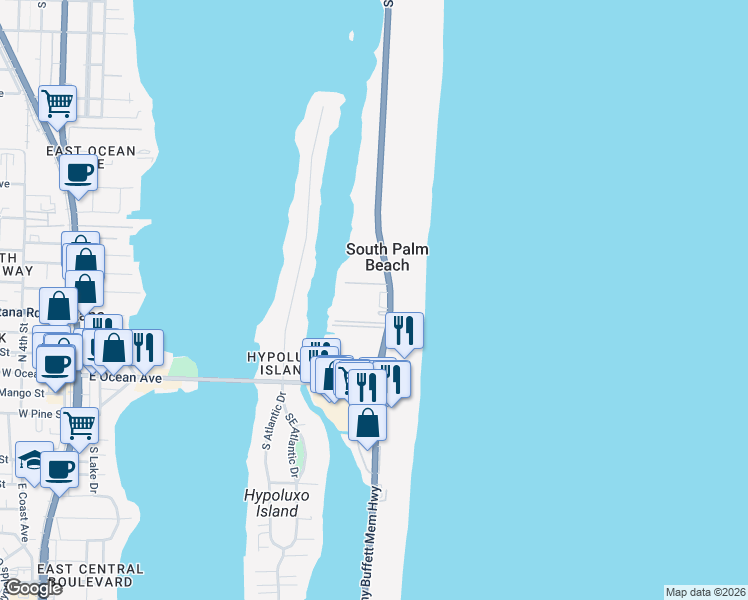 map of restaurants, bars, coffee shops, grocery stores, and more near 3610 South Ocean Boulevard in Palm Beach