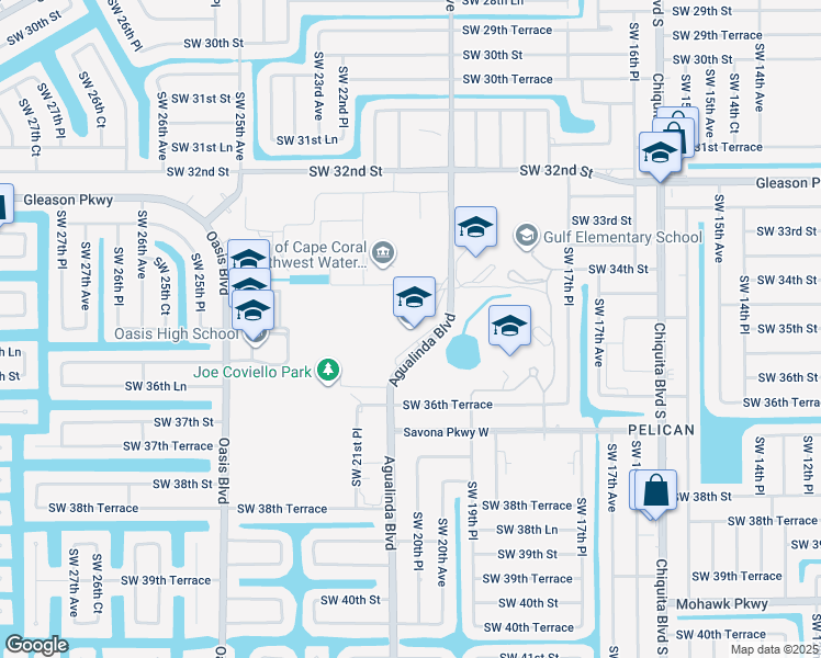 map of restaurants, bars, coffee shops, grocery stores, and more near 3500 Agualinda Boulevard in Cape Coral