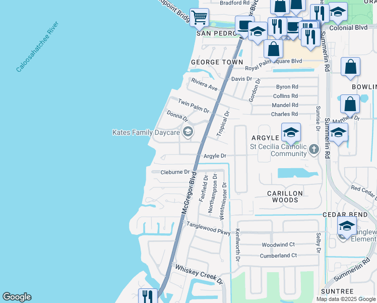 map of restaurants, bars, coffee shops, grocery stores, and more near 1241 Logan Lane in Fort Myers