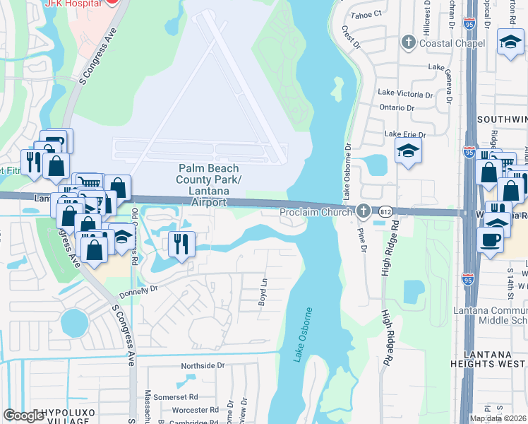 map of restaurants, bars, coffee shops, grocery stores, and more near 2305 Shimmery Lane in Lake Worth