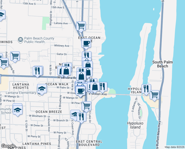 map of restaurants, bars, coffee shops, grocery stores, and more near 210 Croton Avenue in Lantana