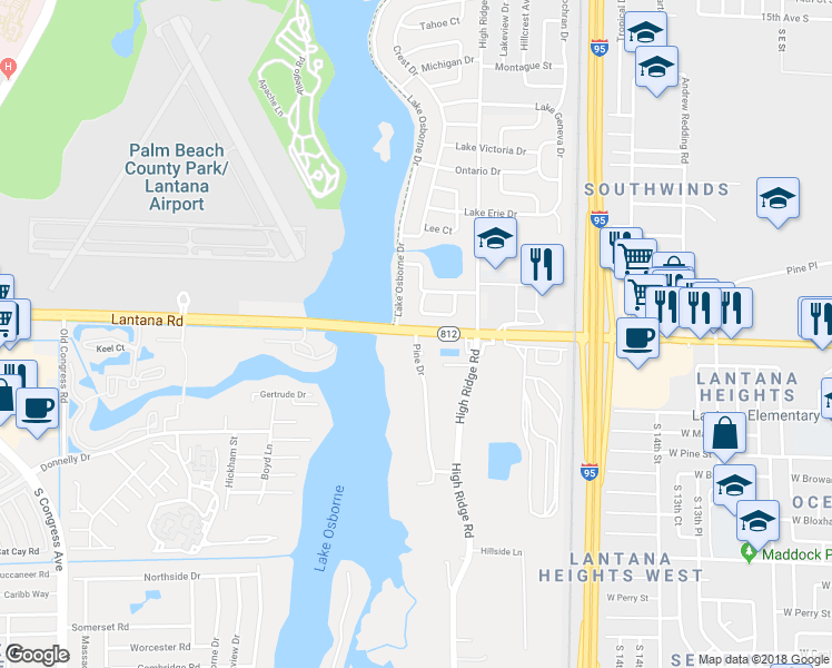 map of restaurants, bars, coffee shops, grocery stores, and more near Lantana Road & Pine Drive in Lake Worth