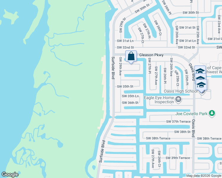 map of restaurants, bars, coffee shops, grocery stores, and more near 3504 Surfside Boulevard in Cape Coral