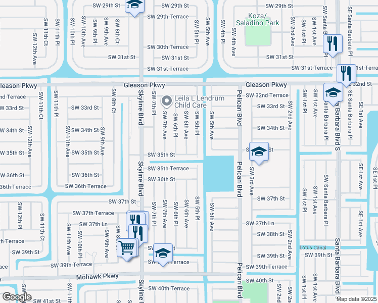map of restaurants, bars, coffee shops, grocery stores, and more near 3435 Southwest 6th Avenue in Cape Coral