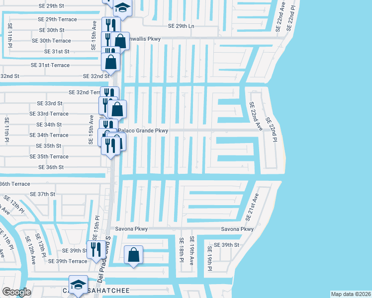 map of restaurants, bars, coffee shops, grocery stores, and more near 3418 Southeast 18th Place in Cape Coral