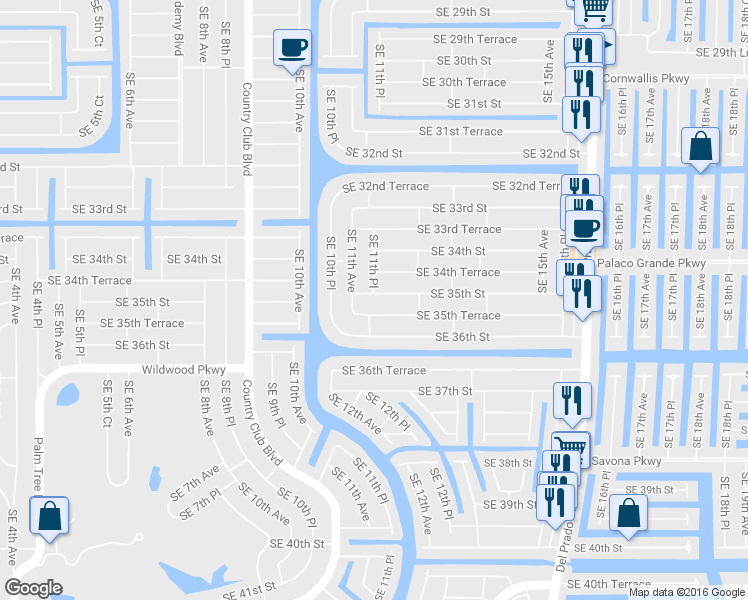 map of restaurants, bars, coffee shops, grocery stores, and more near 1114 Southeast 35th Street in Cape Coral