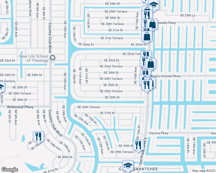 map of restaurants, bars, coffee shops, grocery stores, and more near 1220 Southeast 35th Street in Cape Coral