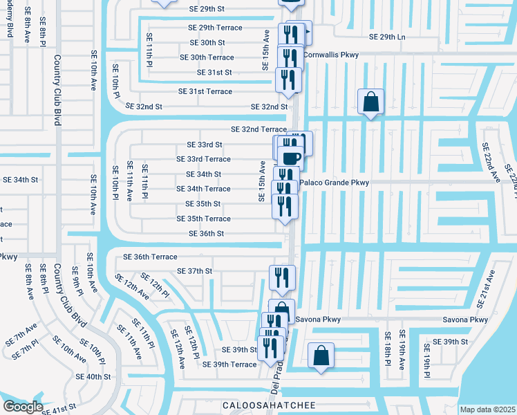 map of restaurants, bars, coffee shops, grocery stores, and more near 1436 Southeast 35th Street in Cape Coral