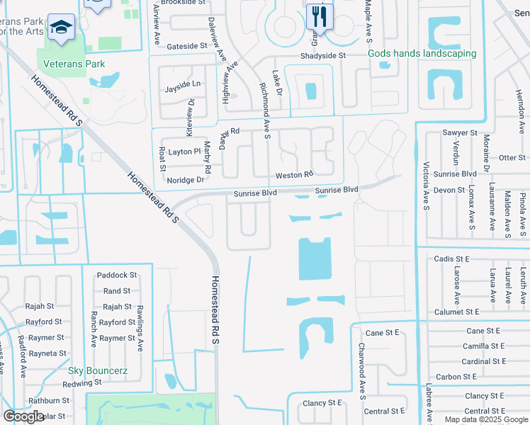 map of restaurants, bars, coffee shops, grocery stores, and more near 266 Richmond Avenue South in Lehigh Acres