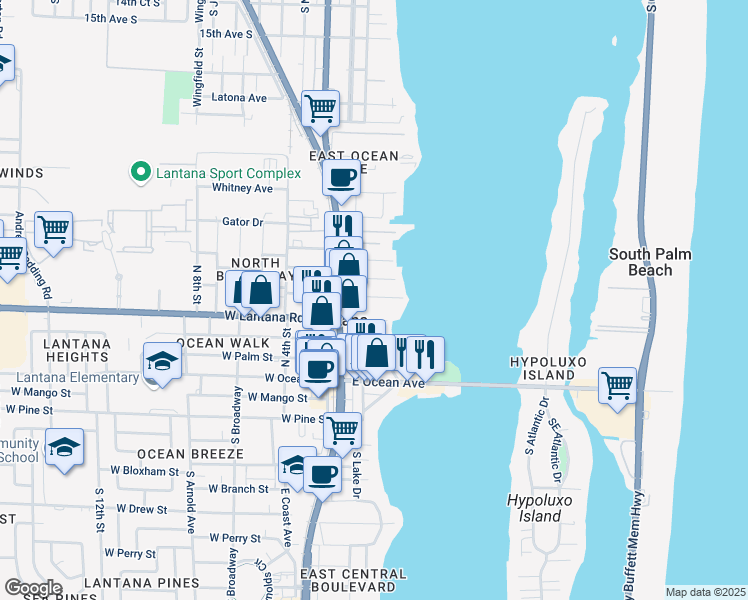 map of restaurants, bars, coffee shops, grocery stores, and more near 210 Croton Avenue in Lantana