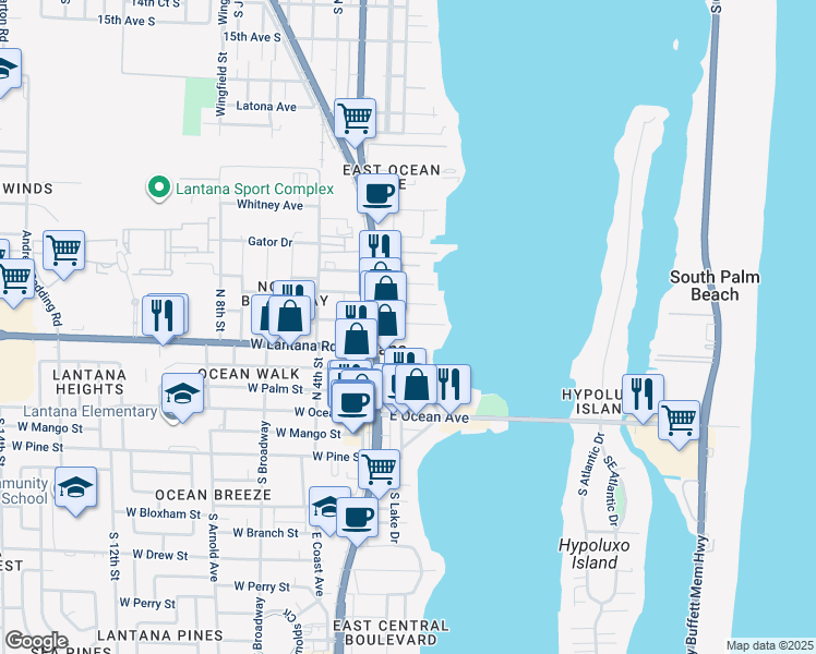 map of restaurants, bars, coffee shops, grocery stores, and more near 210 Croton Avenue in Lantana