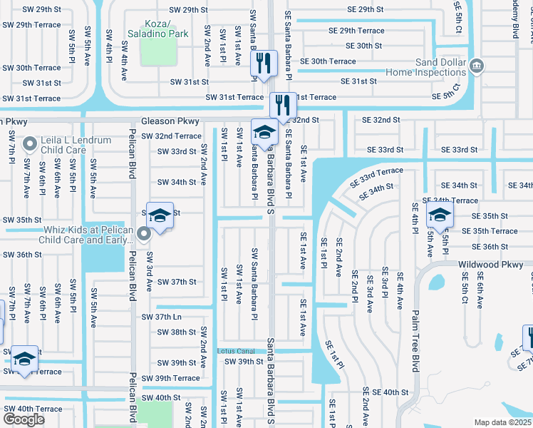map of restaurants, bars, coffee shops, grocery stores, and more near 112 Southwest 34th Lane in Cape Coral