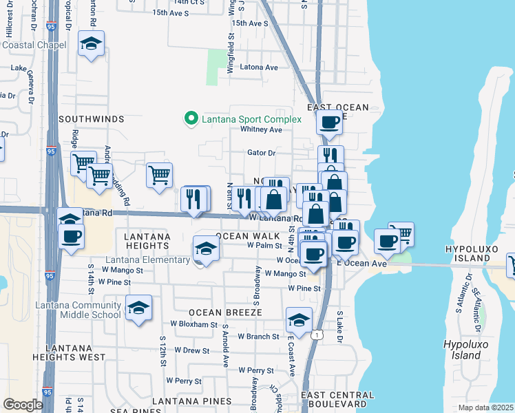 map of restaurants, bars, coffee shops, grocery stores, and more near 415 North Broadway in Lake Worth