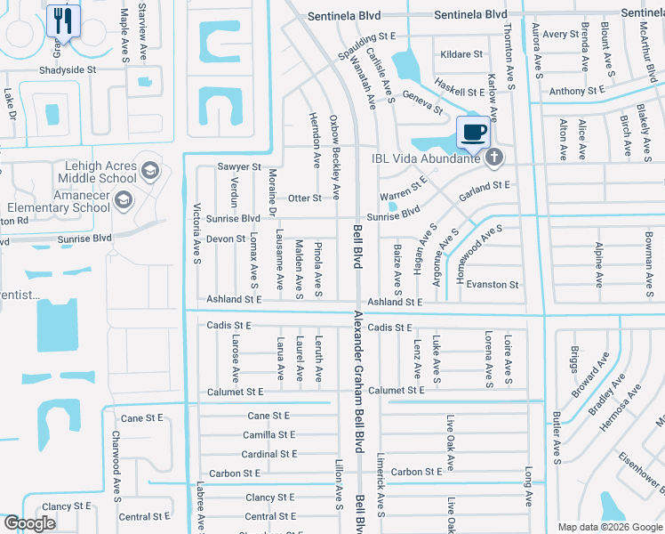 map of restaurants, bars, coffee shops, grocery stores, and more near 226 Oxbow Beckley Avenue in Lehigh Acres