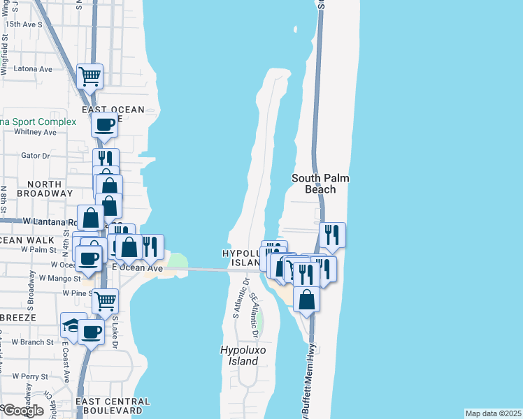map of restaurants, bars, coffee shops, grocery stores, and more near 506 North Atlantic Drive in Lantana