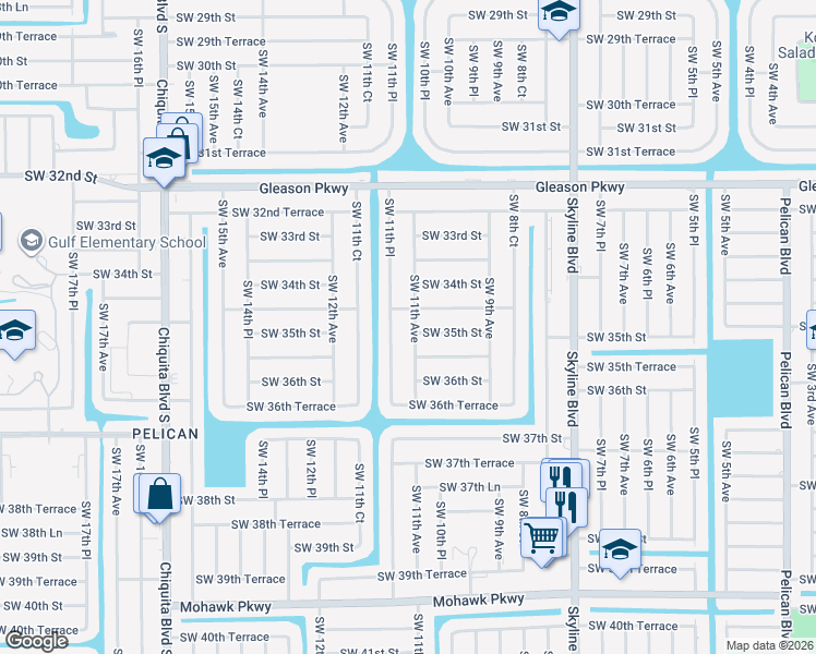 map of restaurants, bars, coffee shops, grocery stores, and more near 3430 Southwest 11th Avenue in Cape Coral