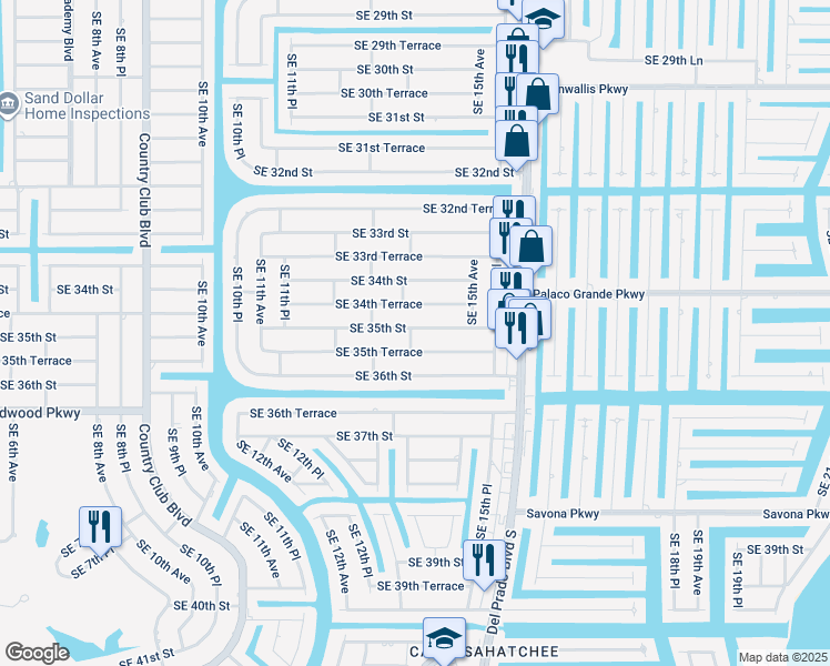 map of restaurants, bars, coffee shops, grocery stores, and more near 1320 Southeast 35th Street in Cape Coral