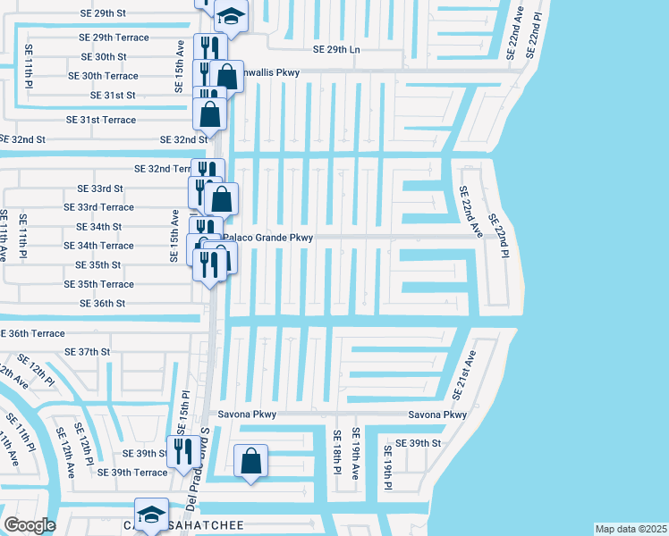map of restaurants, bars, coffee shops, grocery stores, and more near 3418 Southeast 18th Place in Cape Coral