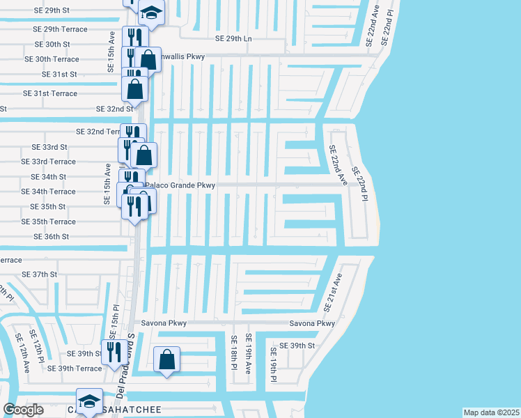 map of restaurants, bars, coffee shops, grocery stores, and more near 3417 Southeast 19th Avenue in Cape Coral