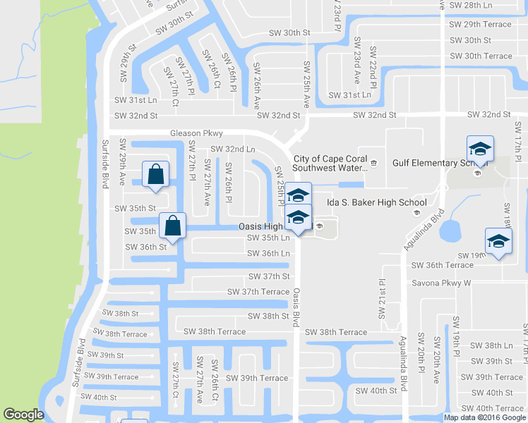 map of restaurants, bars, coffee shops, grocery stores, and more near 3425 Southwest 25th Court in Cape Coral