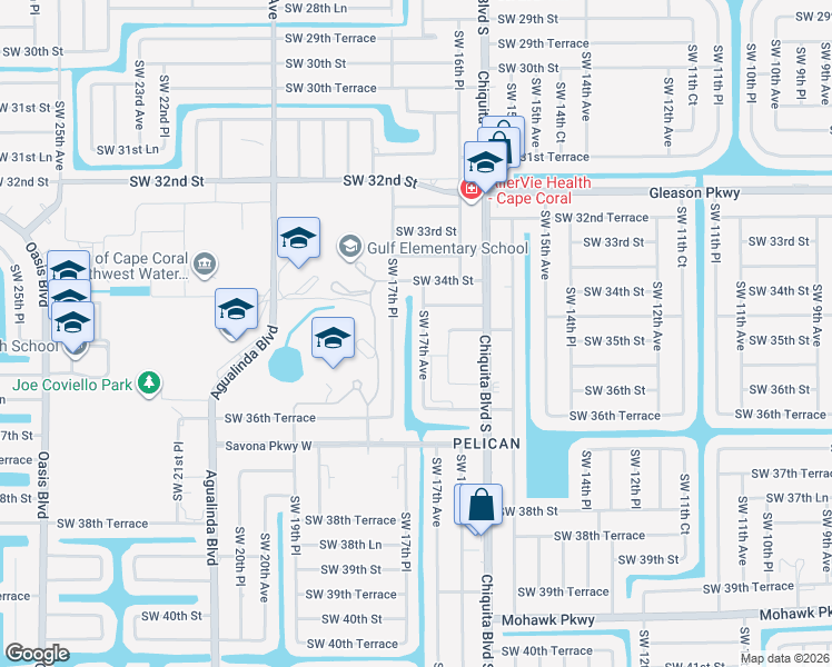 map of restaurants, bars, coffee shops, grocery stores, and more near 3504 Southwest 17th Avenue in Cape Coral