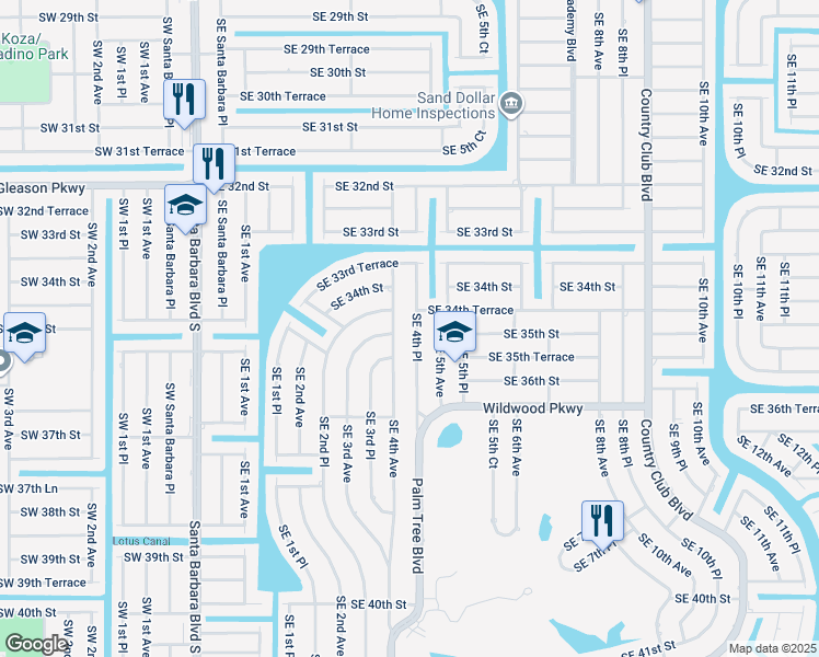 map of restaurants, bars, coffee shops, grocery stores, and more near 3428 Southeast 4th Place in Cape Coral