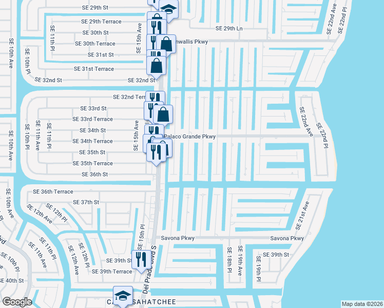 map of restaurants, bars, coffee shops, grocery stores, and more near 3417 Southeast 17th Avenue in Cape Coral