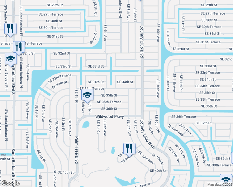 map of restaurants, bars, coffee shops, grocery stores, and more near 625 Southeast 35th Street in Cape Coral