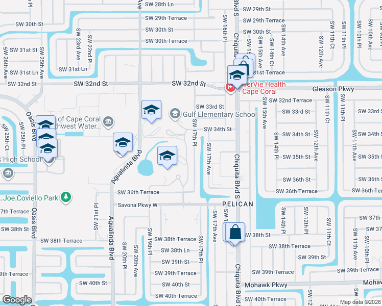 map of restaurants, bars, coffee shops, grocery stores, and more near 3504 Southwest 17th Place in Cape Coral
