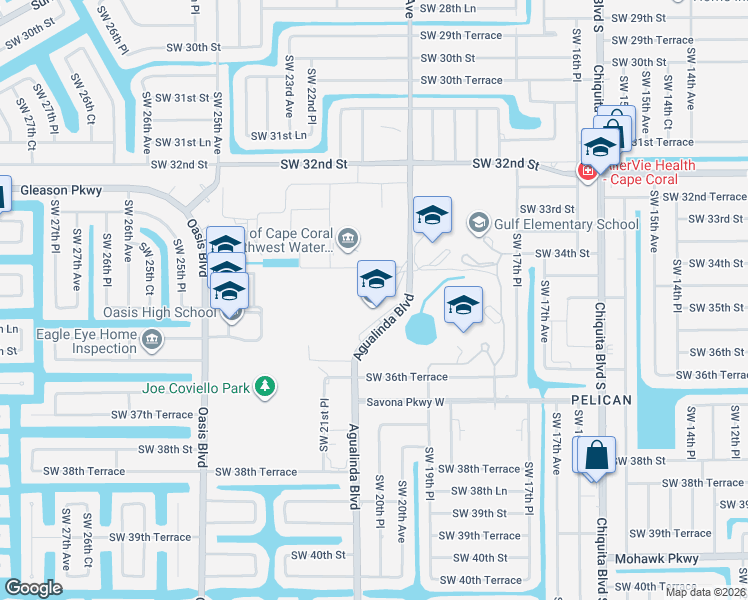 map of restaurants, bars, coffee shops, grocery stores, and more near 3500 Agualinda Boulevard in Cape Coral