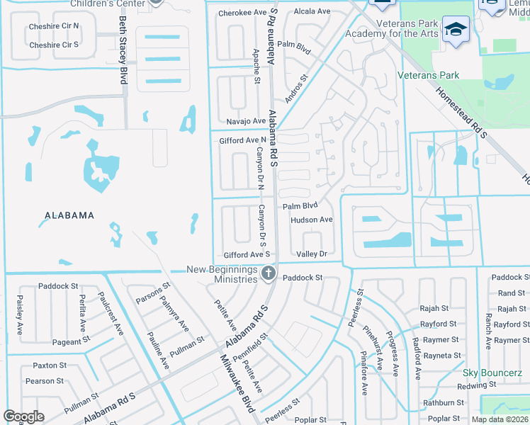 map of restaurants, bars, coffee shops, grocery stores, and more near 407 Canyon Drive South in Lehigh Acres