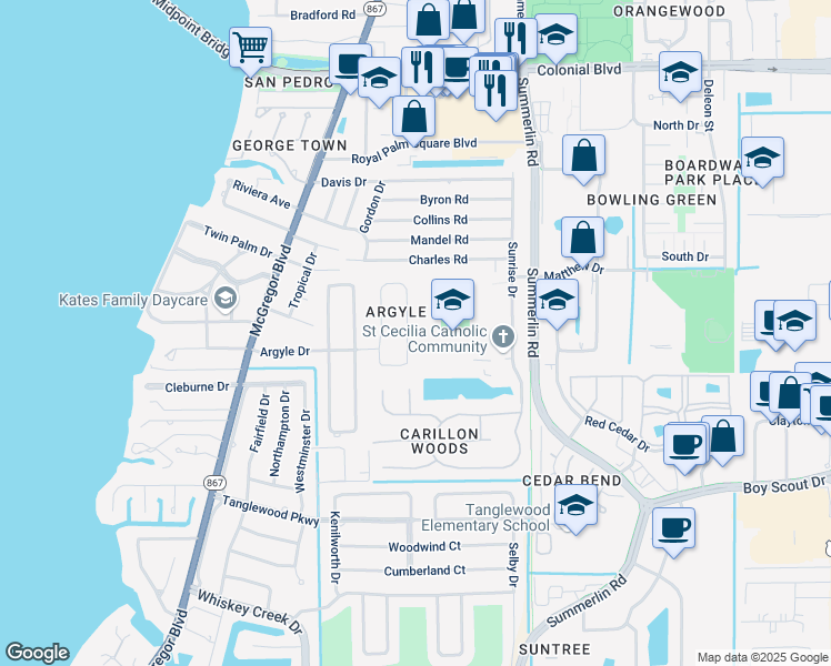 map of restaurants, bars, coffee shops, grocery stores, and more near 1480 Argyle Drive in Fort Myers