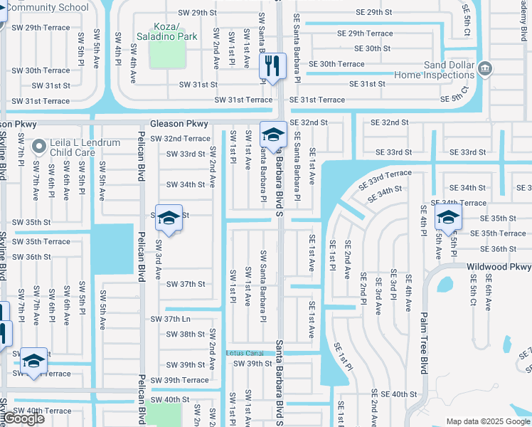 map of restaurants, bars, coffee shops, grocery stores, and more near 112 Southwest 34th Lane in Cape Coral