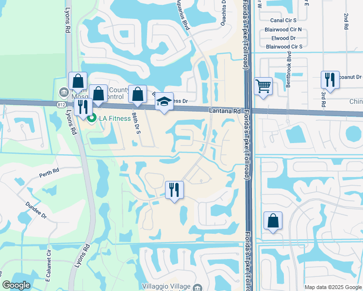 map of restaurants, bars, coffee shops, grocery stores, and more near Bear Creek Court in Lake Worth