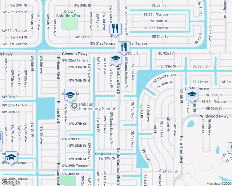 map of restaurants, bars, coffee shops, grocery stores, and more near 112 Southwest 34th Lane in Cape Coral