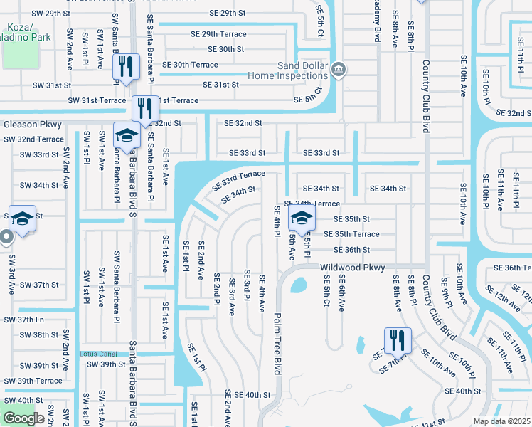 map of restaurants, bars, coffee shops, grocery stores, and more near 3428 Southeast 4th Place in Cape Coral