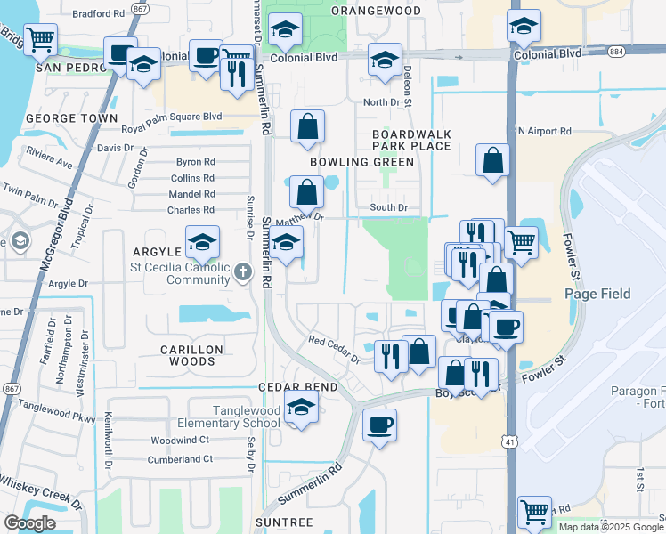 map of restaurants, bars, coffee shops, grocery stores, and more near 38 Barkley Circle in Fort Myers