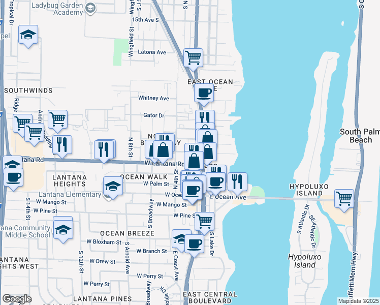 map of restaurants, bars, coffee shops, grocery stores, and more near 319 Melody Lane in Lantana