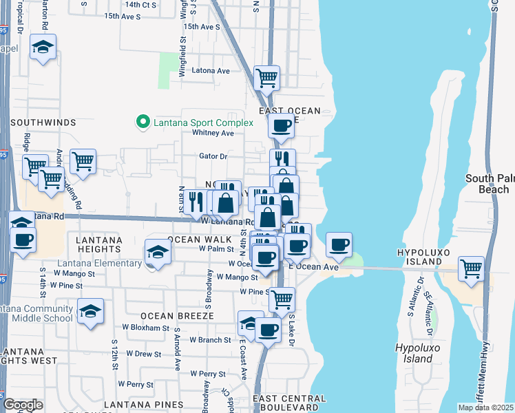 map of restaurants, bars, coffee shops, grocery stores, and more near 319 Melody Lane in Lantana