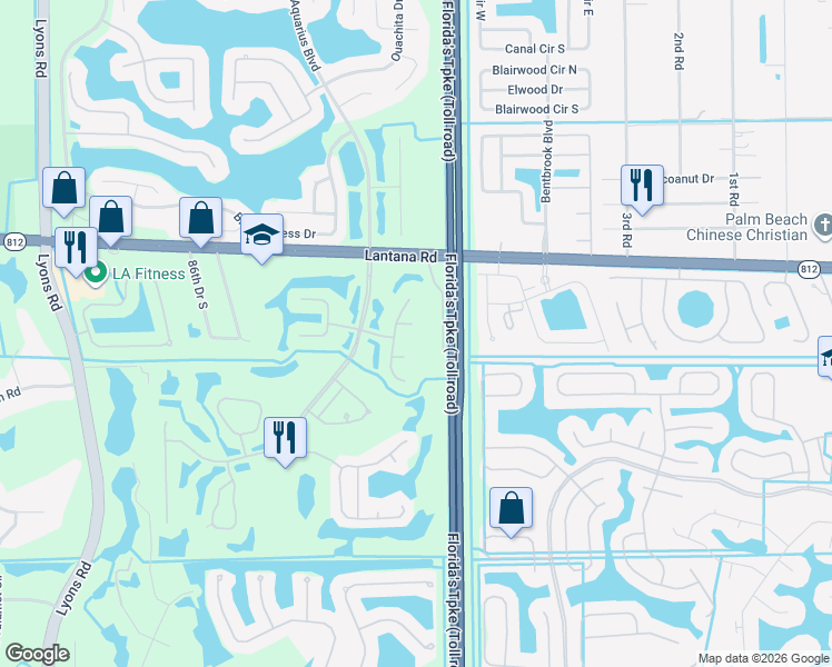 map of restaurants, bars, coffee shops, grocery stores, and more near 8072 Burlington Court in Lake Worth