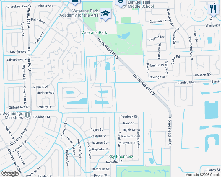 map of restaurants, bars, coffee shops, grocery stores, and more near 10609 Crossback Lane in Lehigh Acres