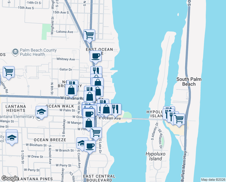 map of restaurants, bars, coffee shops, grocery stores, and more near 300 Croton Avenue in Lantana