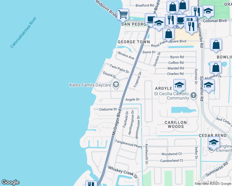 map of restaurants, bars, coffee shops, grocery stores, and more near 1241 Logan Lane in Fort Myers