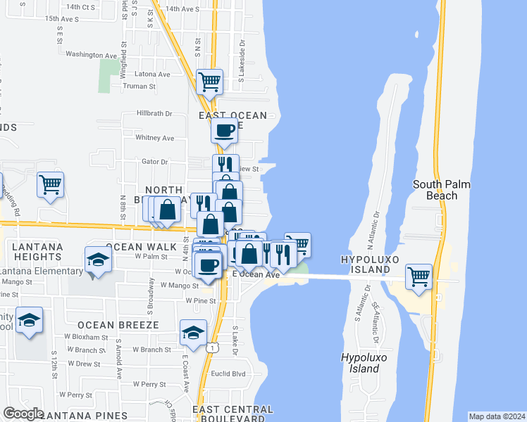 map of restaurants, bars, coffee shops, grocery stores, and more near 300 Croton Avenue in Lantana