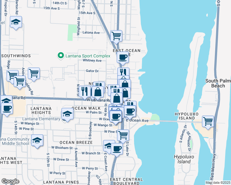 map of restaurants, bars, coffee shops, grocery stores, and more near 319 Melody Lane in Lantana