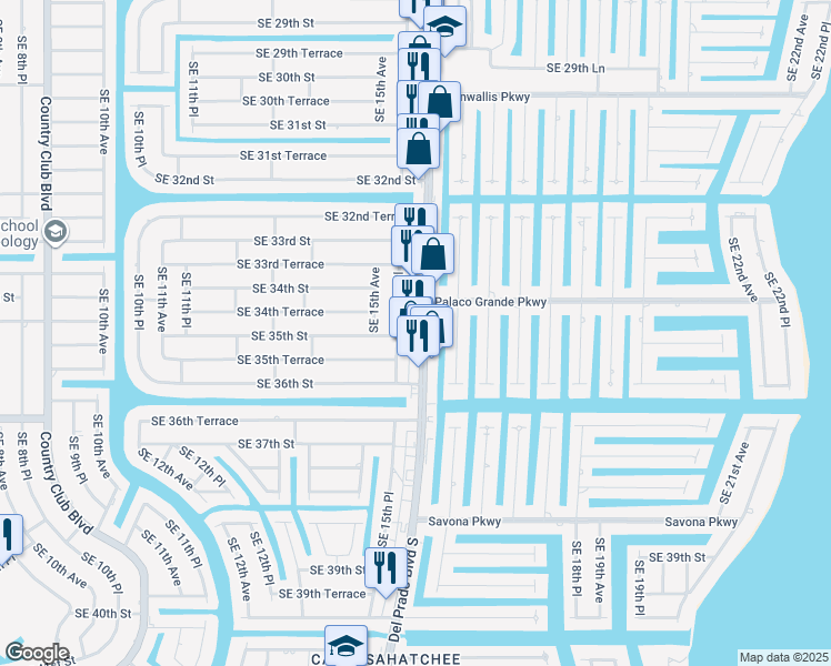 map of restaurants, bars, coffee shops, grocery stores, and more near 3422 Del Prado Boulevard South in Cape Coral