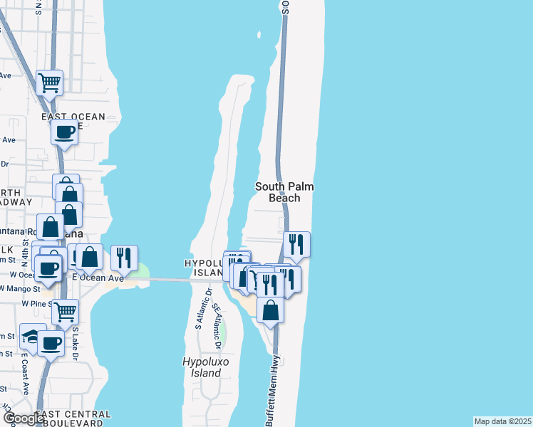 map of restaurants, bars, coffee shops, grocery stores, and more near 3601 South Ocean Boulevard in South Palm Beach