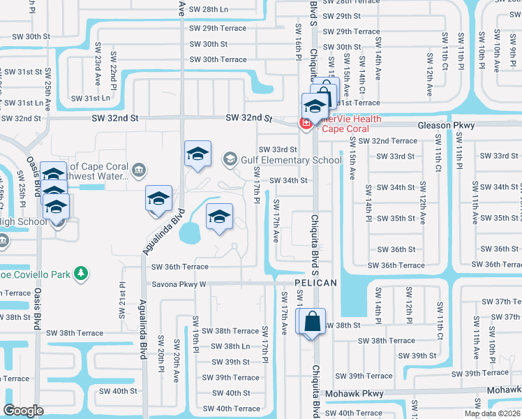 map of restaurants, bars, coffee shops, grocery stores, and more near 3504 Southwest 17th Place in Cape Coral